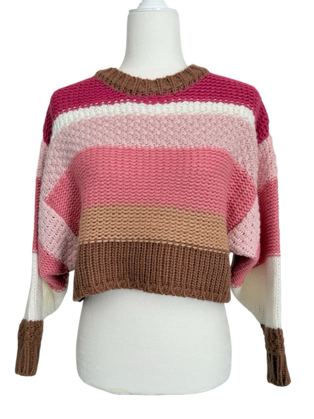 Simply Southern Pink/Brown Striped Chunky Knit Cropped Sweater Size S